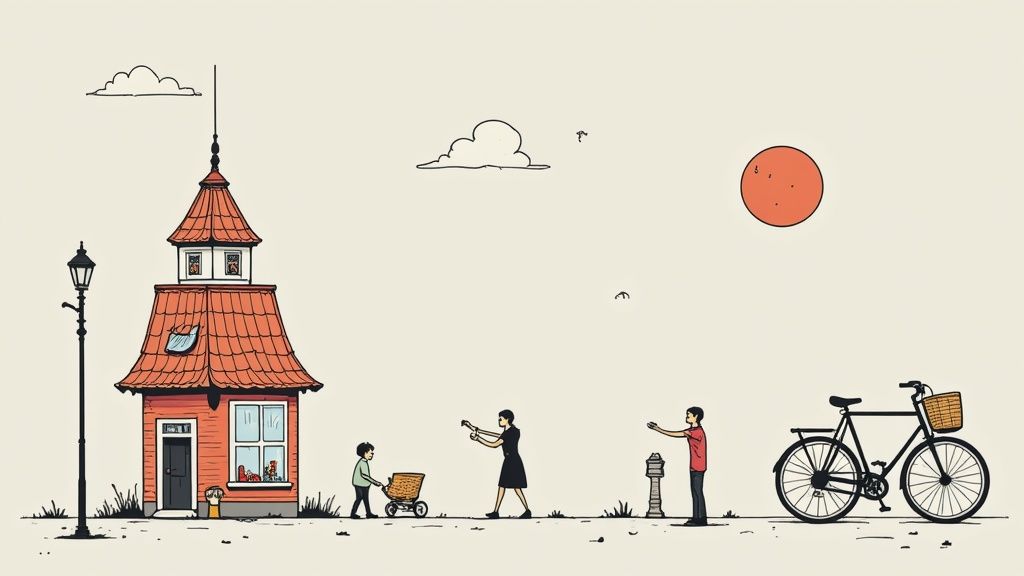 Geïllustreerde scène van een gezin, huis, fiets en zon, met ouders die een kind in een kinderwagen uitwisselen.