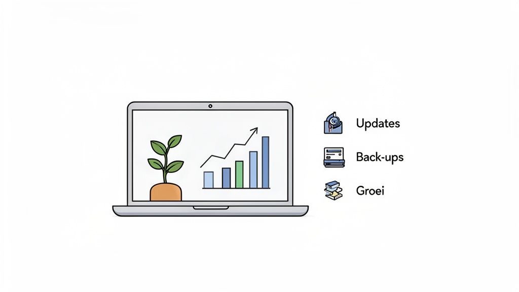Een laptop toont een groeiende plant en een staafdiagram met stijgende lijn, naast icons voor updates, back-ups en groei.