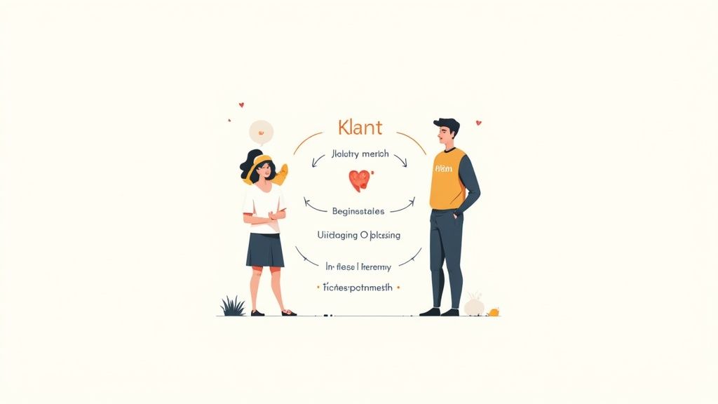 Illustratie van een man en vrouw die verbonden zijn door concepten rondom een hart, gericht op de klant.