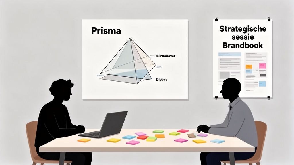 Twee mensen bespreken strategie met de Kapferer Brand Identity Prism en brandbook posters op de achtergrond.