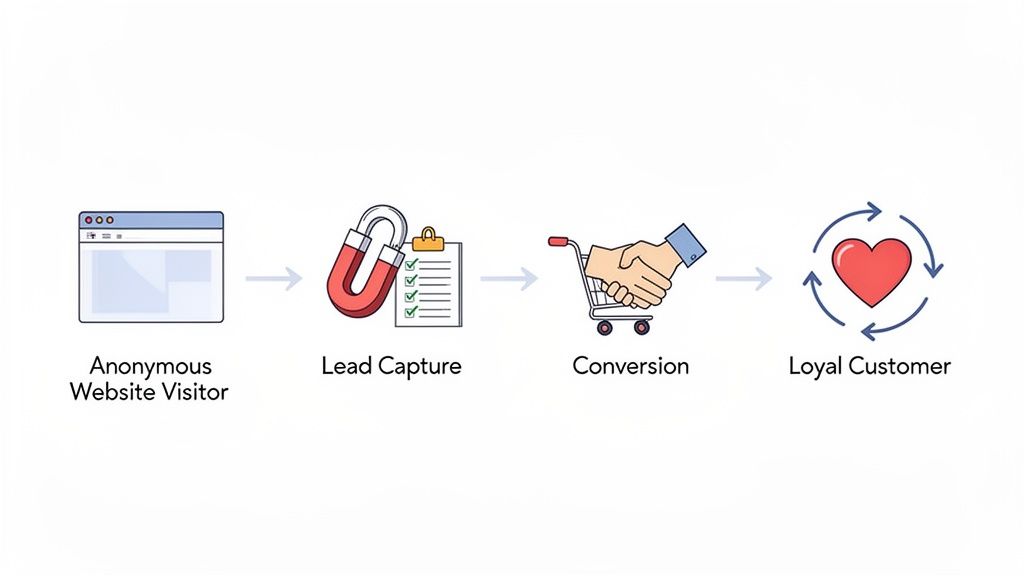 Een illustratie van het marketingtrechterproces, van anonieme websitebezoeker tot loyale klant.