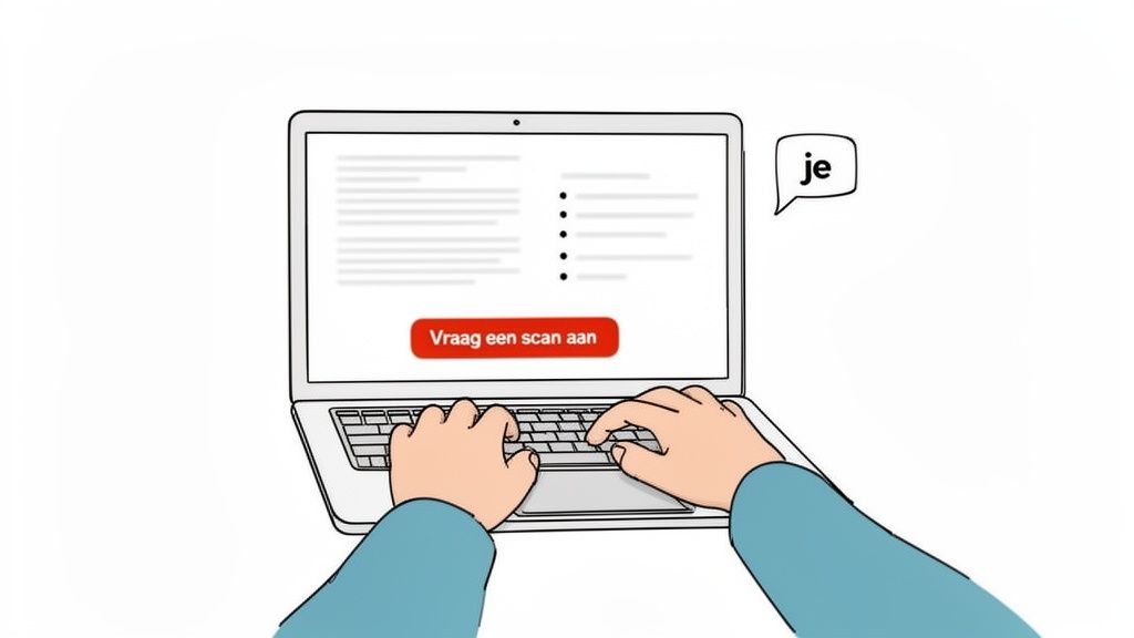 Persoon typt op een laptop, met op het scherm een formulier en de knop 'Vraag een scan aan'.