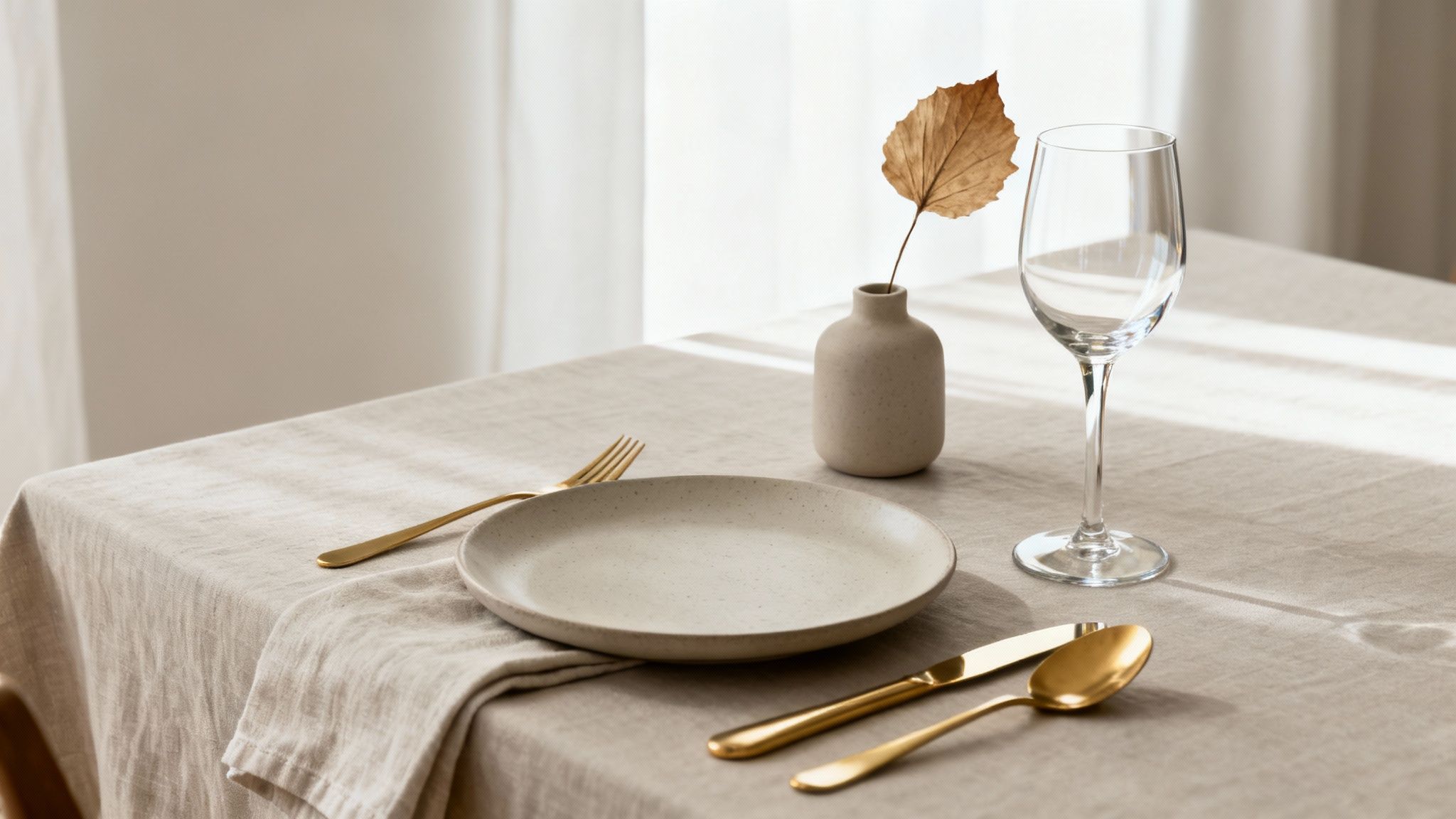 Minimalistisch gedekte tafel met Serax servies, gouden bestek en wijglas op linnen tafelkleed