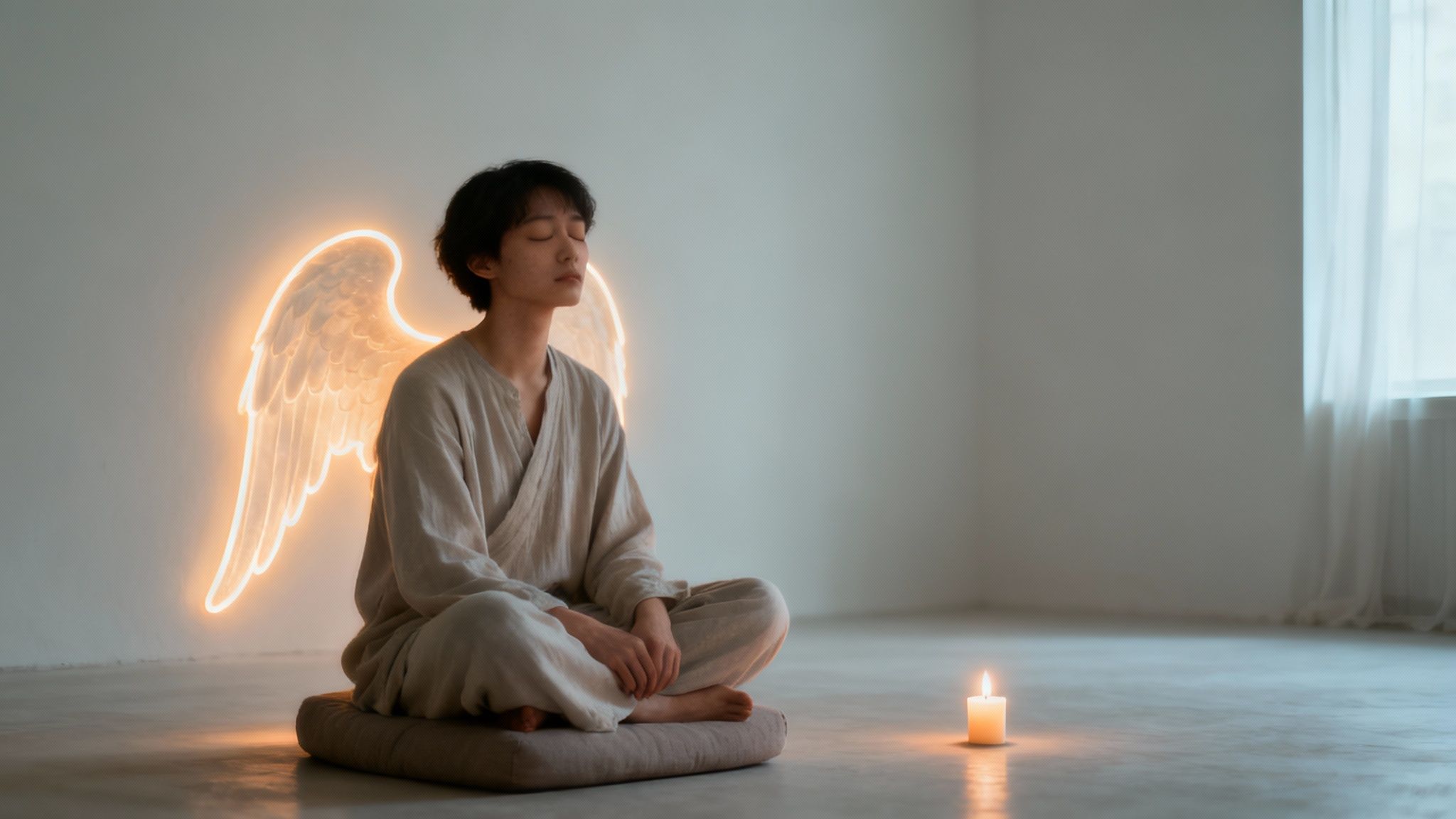 Een persoon zit rustig, maar met een peinzende blik, wat de innerlijke worsteling tijdens meditatie symboliseert.