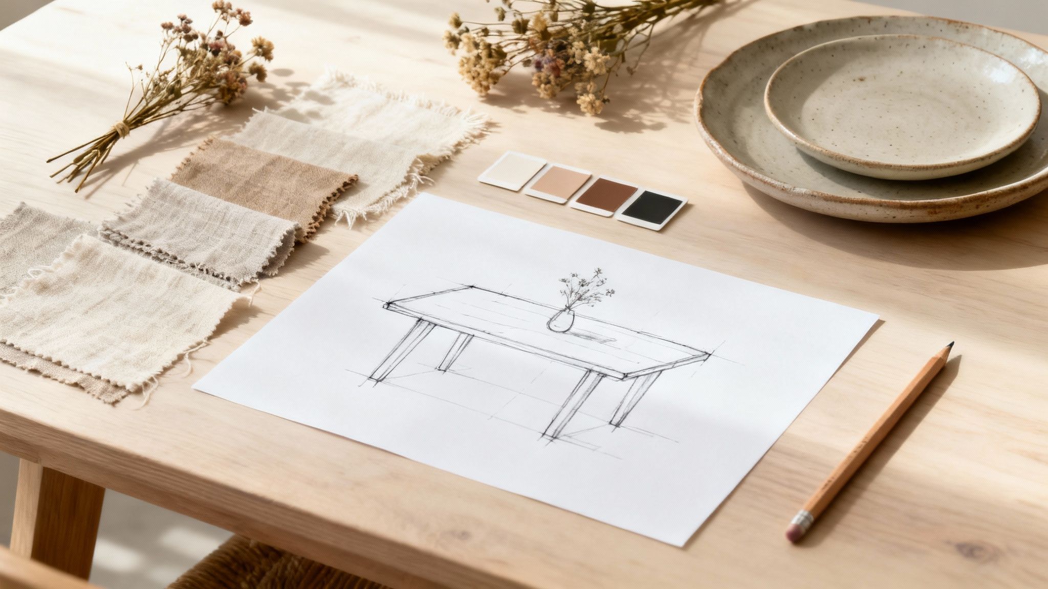 Een houten tafel met linnen staaltjes, een schets, kleurenpalet, gedroogde bloemen en keramische borden, wat een creatief ontwerpproces weergeeft.