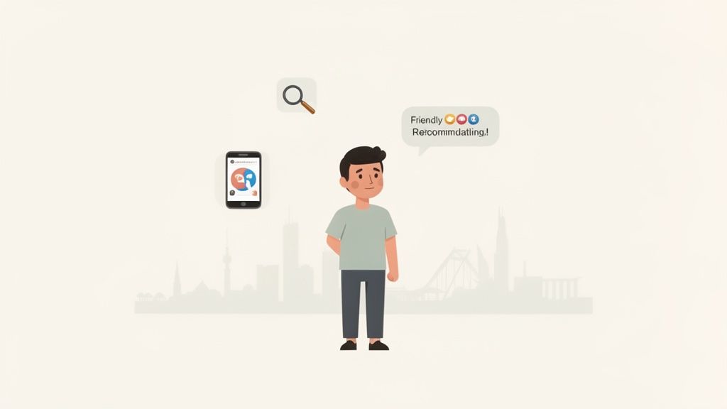 De afbeelding toont een cartoonman die bij een stadsgezicht staat, met een telefoon, vergrootglas en een spraakballon over 'Friendly Re:commdating'.