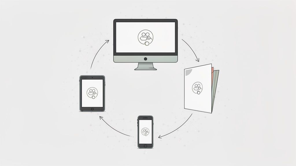 Een illustratie van gegevenssynchronisatie tussen desktop, tablet, smartphone en documenten, met pijlen die een cyclische stroom aangeven.