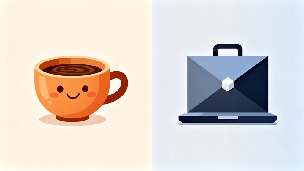 Een blije oranje koffiekop met gezicht naast een strakke, minimalistische blauwe aktetas op een verdeelde achtergrond.