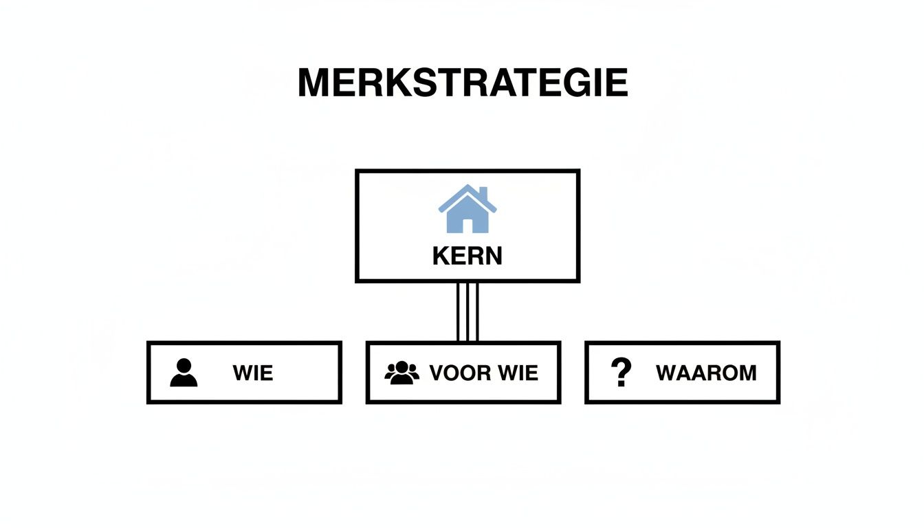 Diagram van een merkstrategie met de kern in het midden en de onderdelen wie, voor wie en waarom eromheen.