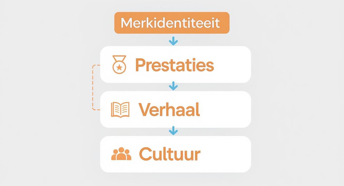Infographic die de hiërarchie van merkidentiteit visualiseert, met lagen voor prestaties, verhaal en cultuur.