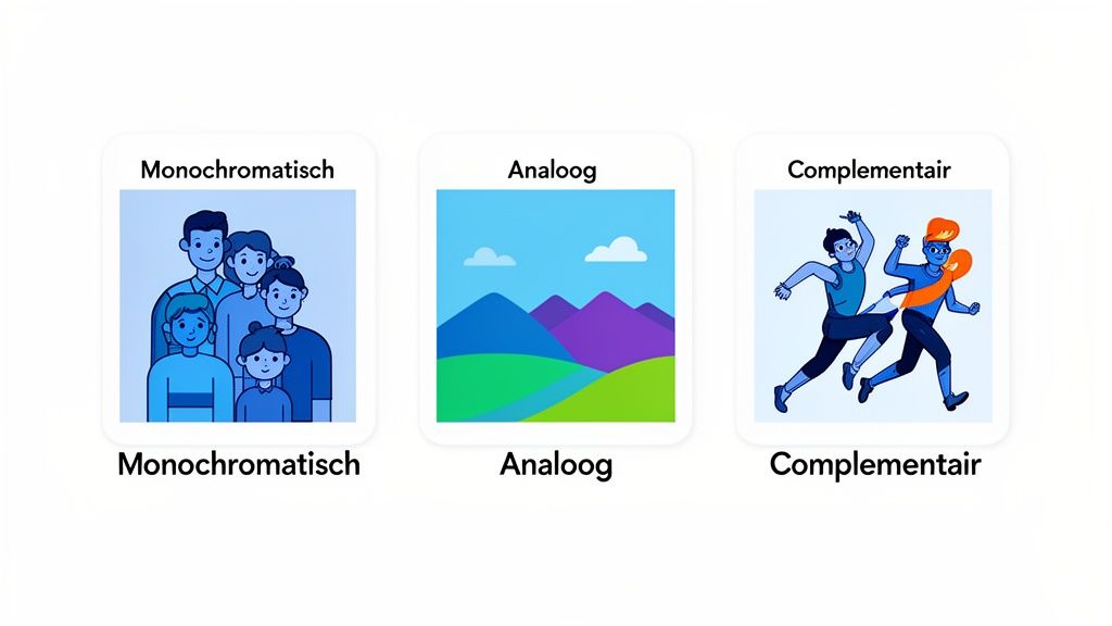 Drie kaarten illustreren kleurtheorie: monochromatisch (familie in blauw), analoog (landschap), en complementair (rennende figuren).