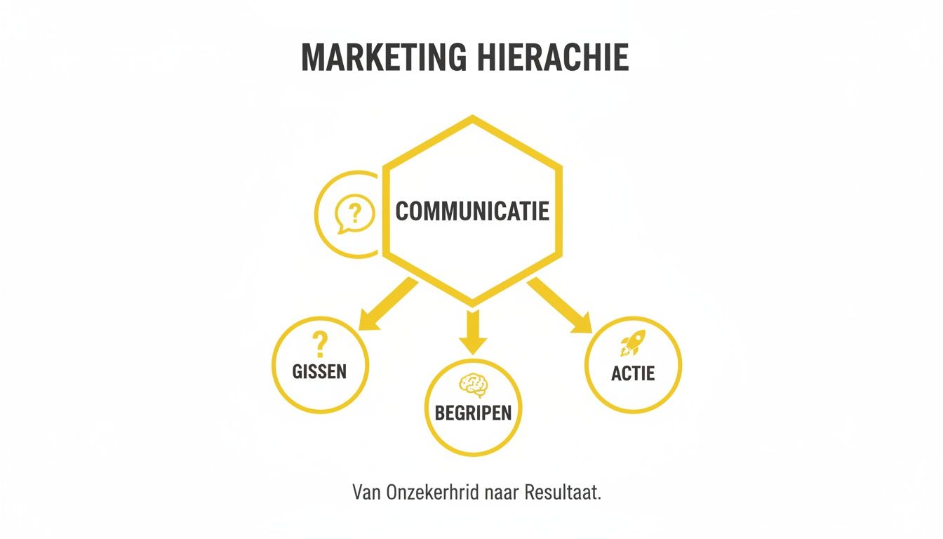 Visualisatie van de Marketing Hiërarchie, met Communicatie leidend tot Gissen, Begrijpen en Actie, van Onzekerheid naar Resultaat.