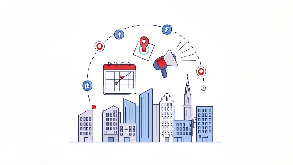Illustratie van een stad met social media, marketing en planningspictogrammen die erboven cirkelen.