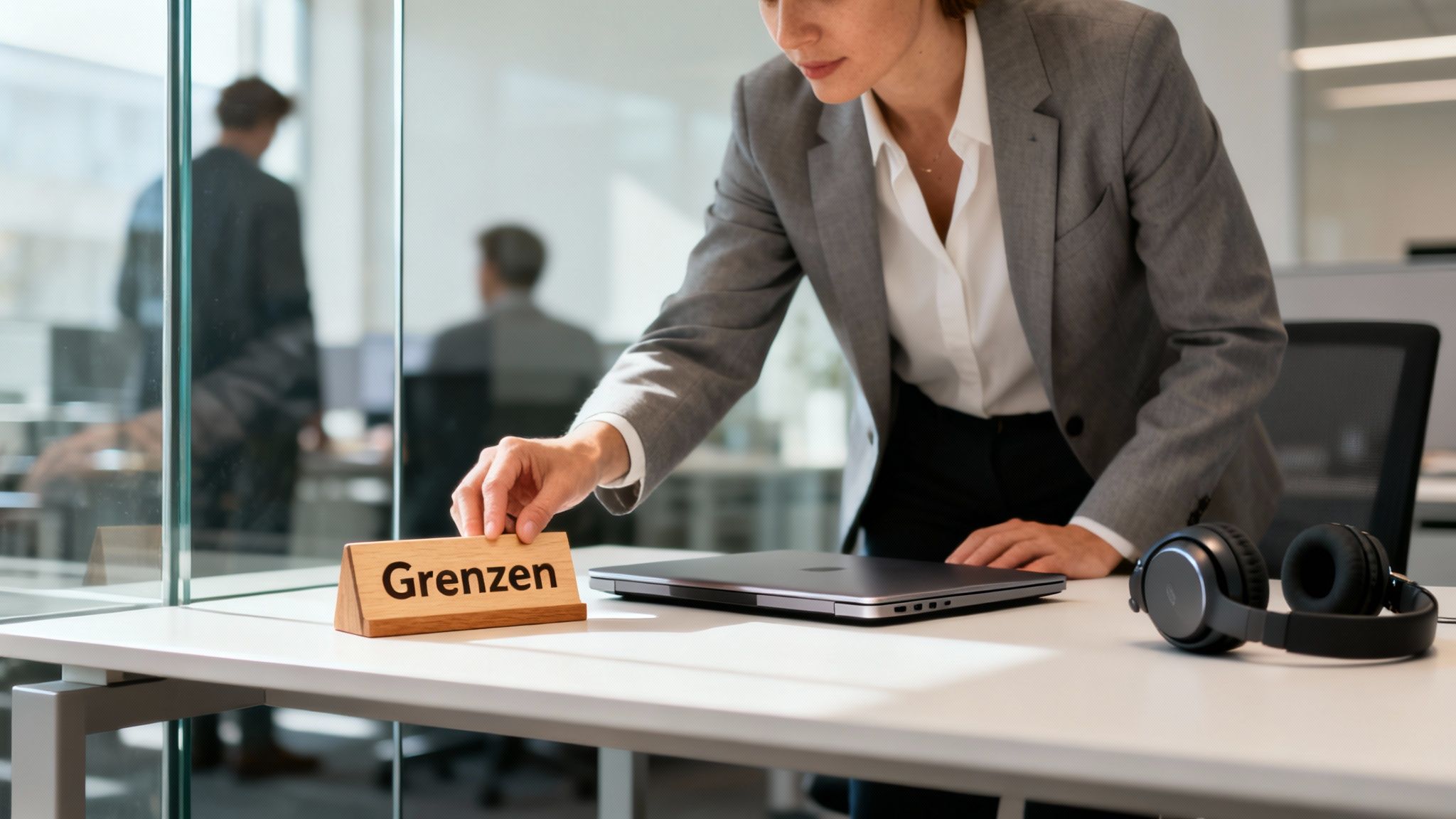 Vrouw zet een houten bordje met 'Grenzen' op haar bureau in een modern kantoor. Laptop en koptelefoon liggen ernaast.