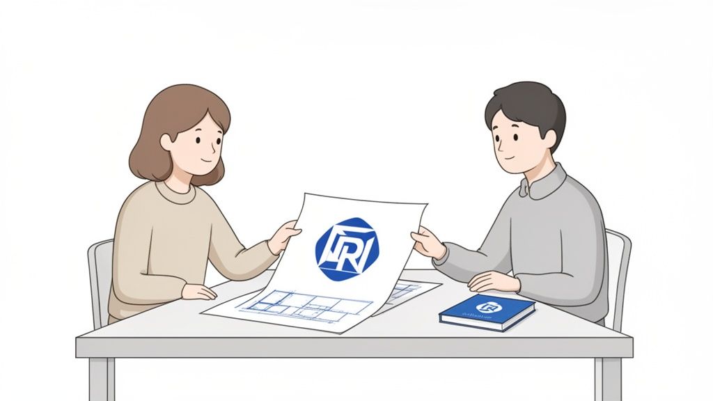 Twee personen zitten aan een tafel en bespreken een document met een logo en een bouwplan.