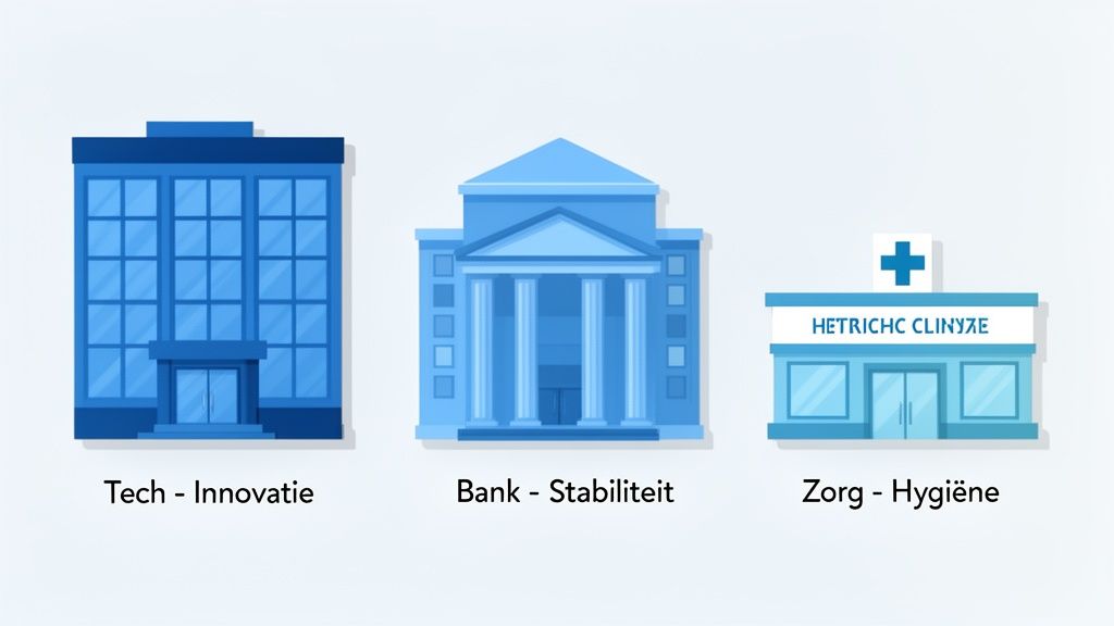 Drie blauwe gebouwen (tech, bank, zorg) met bijbehorende concepten zoals innovatie, stabiliteit en hygiëne.