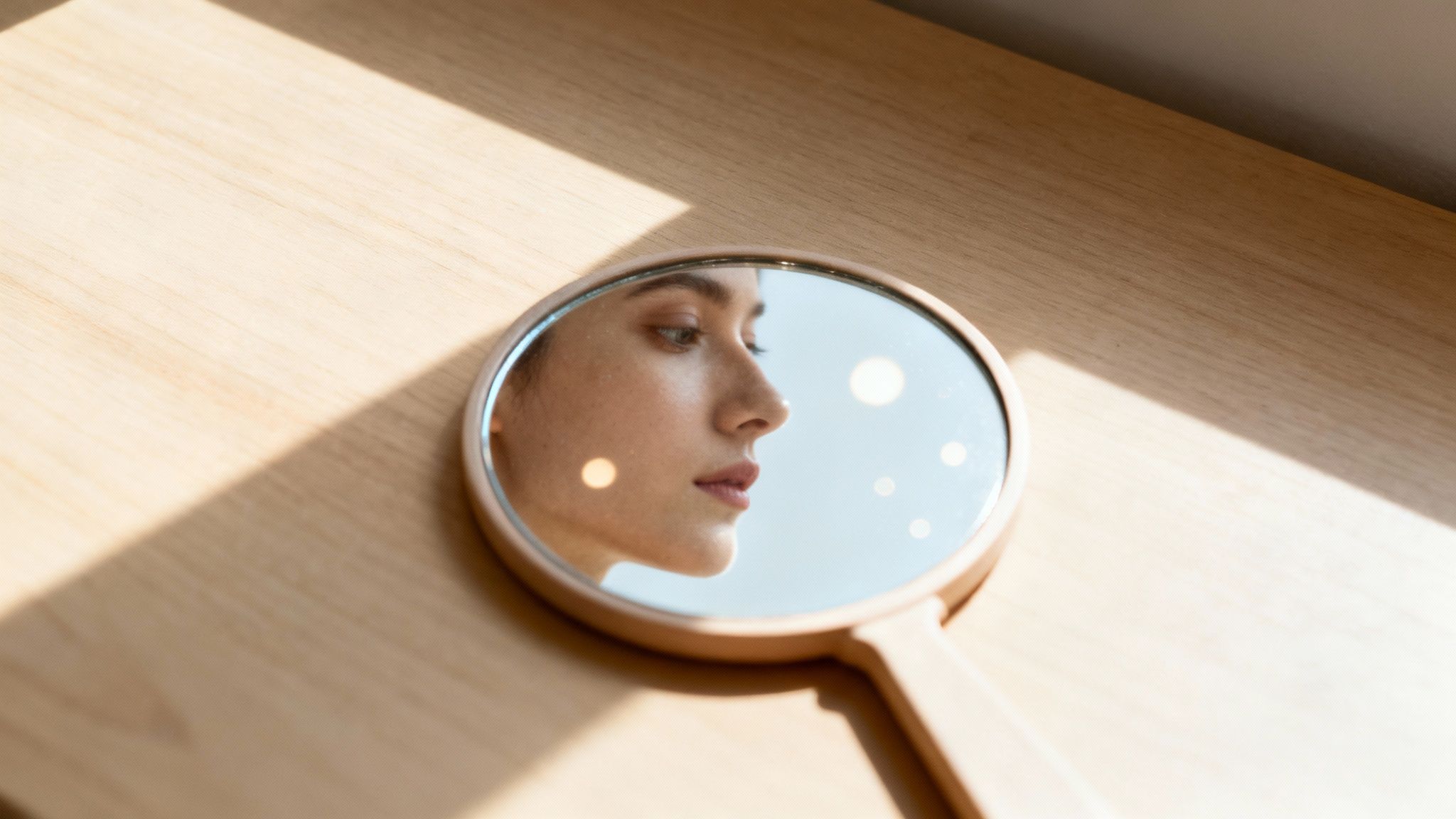 Een close-up van handen die orakelkaarten vasthouden, met zacht, warm licht op de achtergrond.