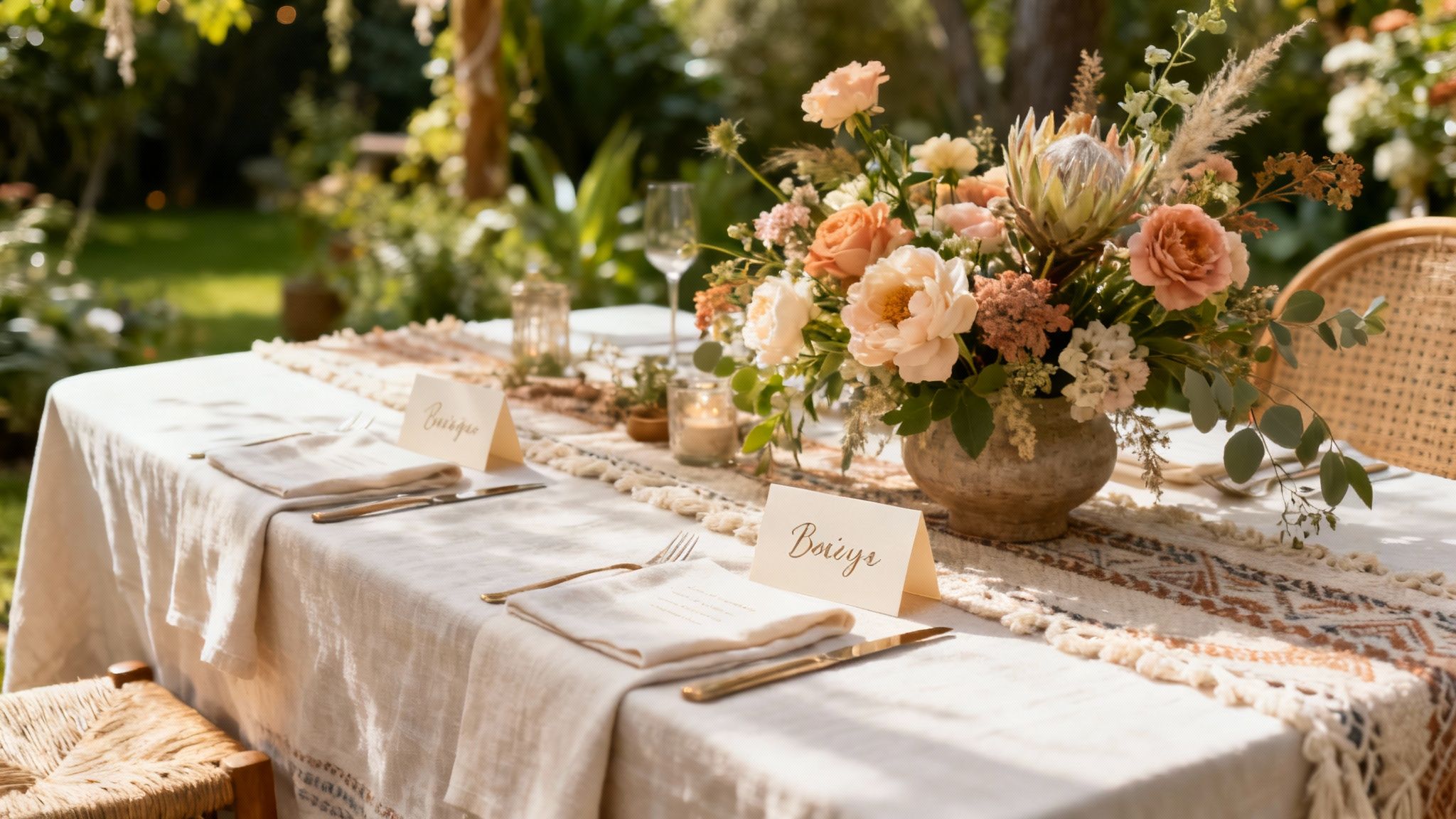 Een prachtig gestylede tafel met bloemen, linnen en uniek glaswerk.