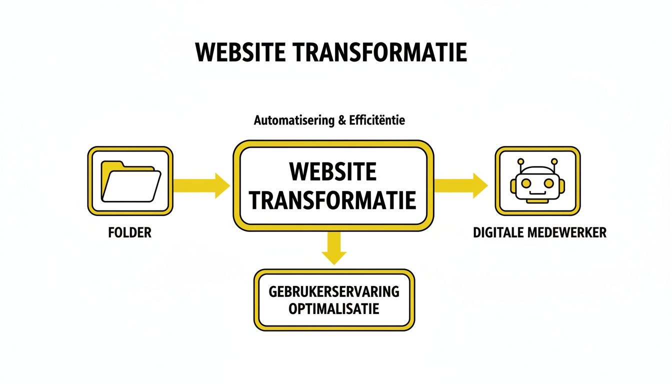Flowchart over websitetransformatie met automatisering, efficiëntie, digitale medewerkers en optimalisatie van gebruikerservaring.