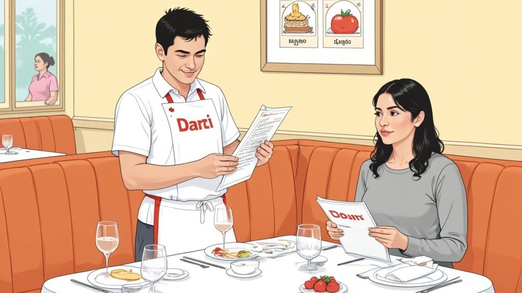 Ober in Darti uniform toont menu aan vrouwelijke klant in restaurant met oranje banken