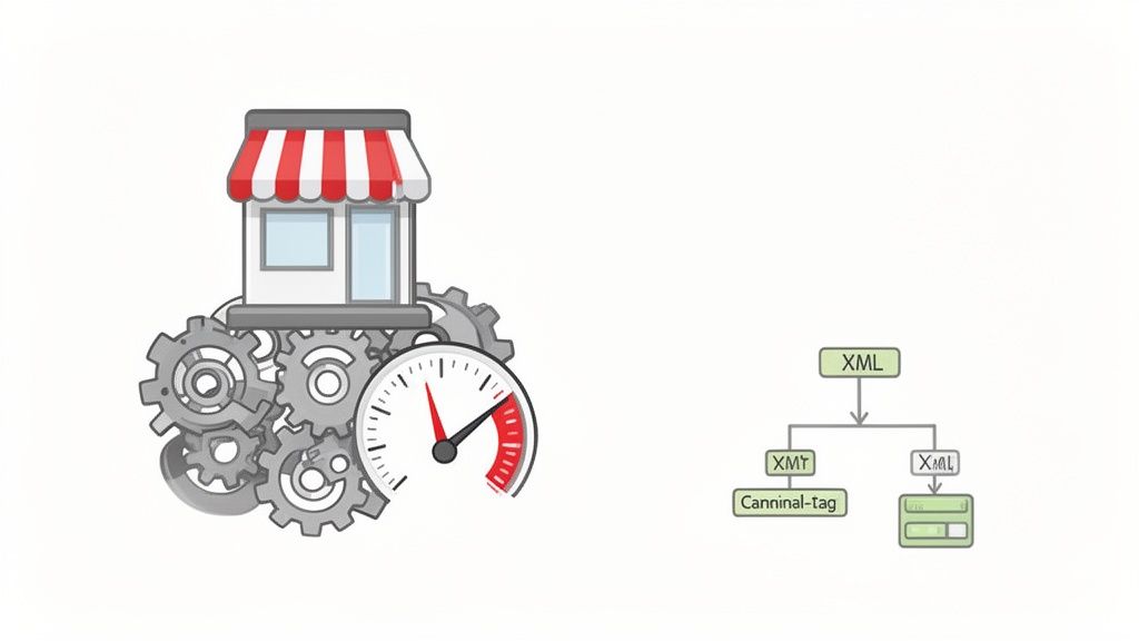 Illustratie van een webshop op tandwielen met een snelheidsmeter en een XML-datastroomdiagram.