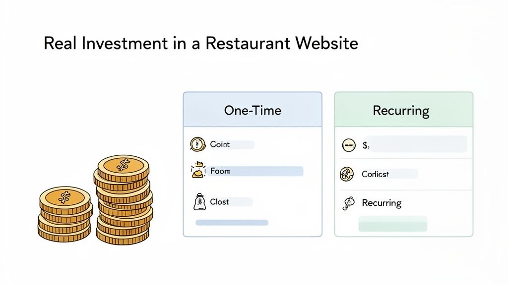 Overzicht van eenmalige en terugkerende kosten voor het bouwen van een restaurantwebsite, weergegeven met munten.