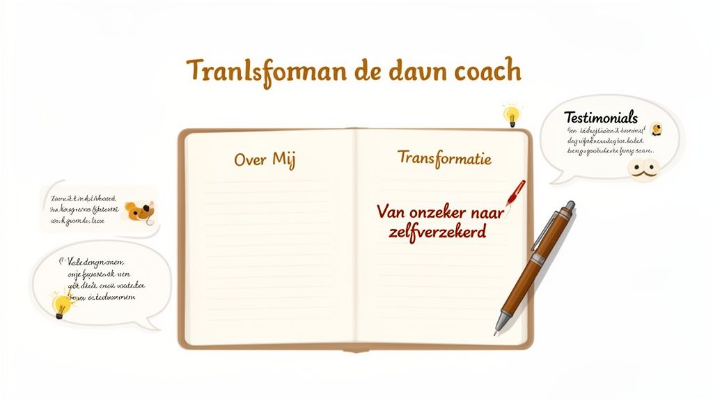Een afbeelding van een open boek met de titel 'Transformatie: Van onzeker naar zelfverzekerd' voor coaches.