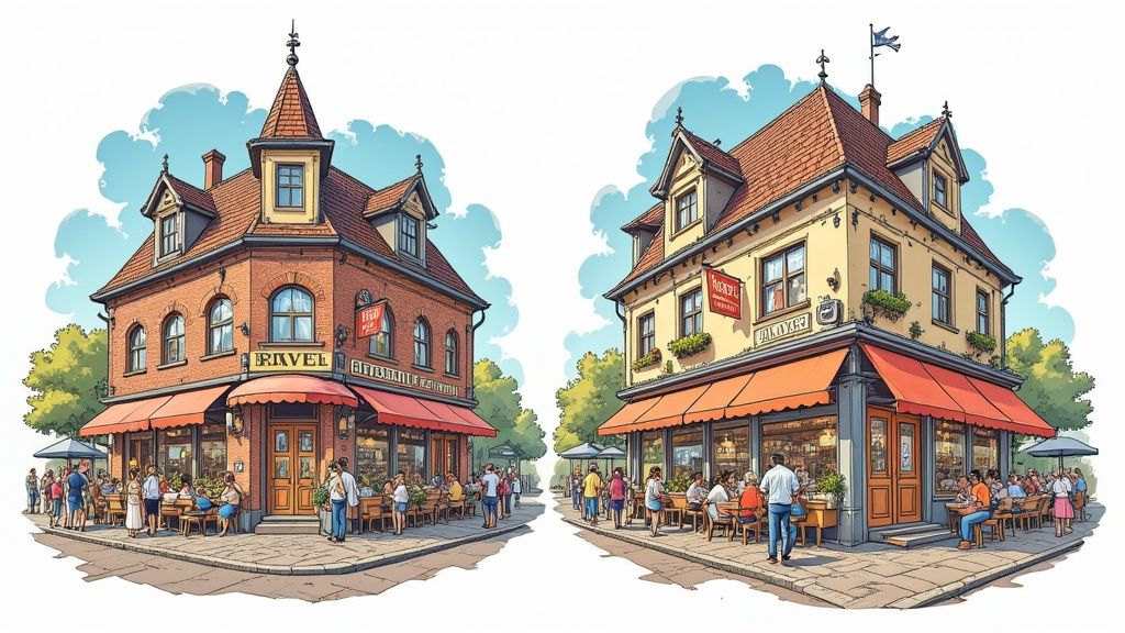 Twee charmante horecazaken met terras en karakteristieke architectuur, illustratie van restaurant branding concepten