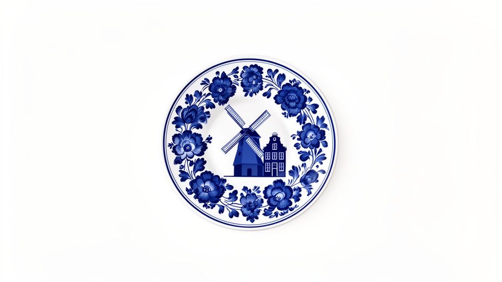Ronde, Delfts blauwe sierplaat met molen, huis en gedetailleerde bloemenrand.