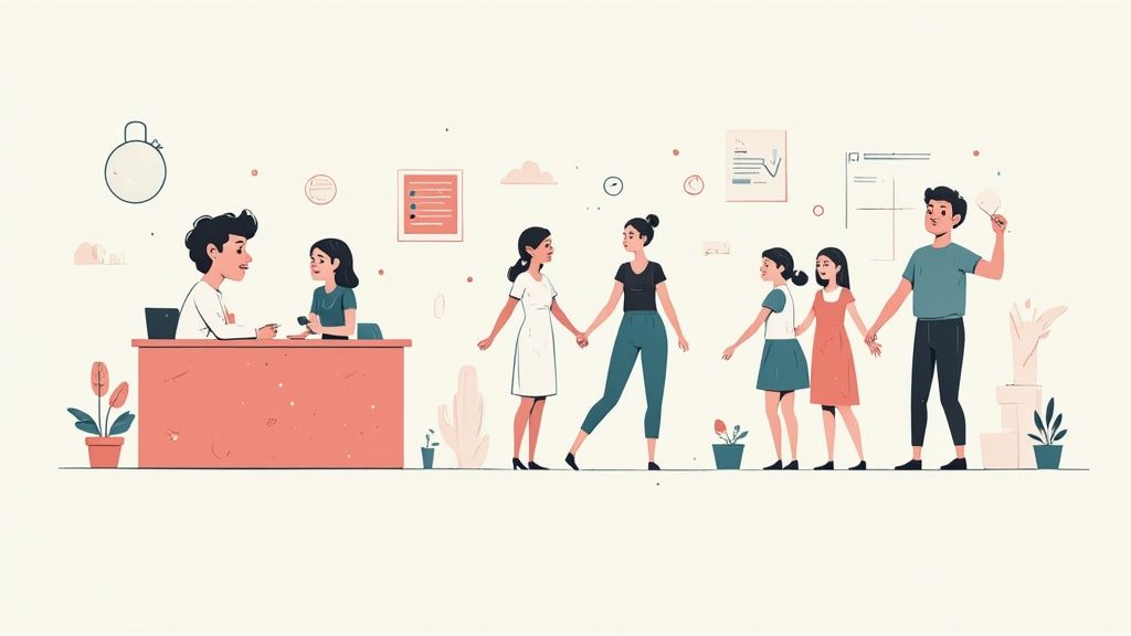 Illustratie van mensen die samenwerken en hand in hand lopen in een professionele omgeving.