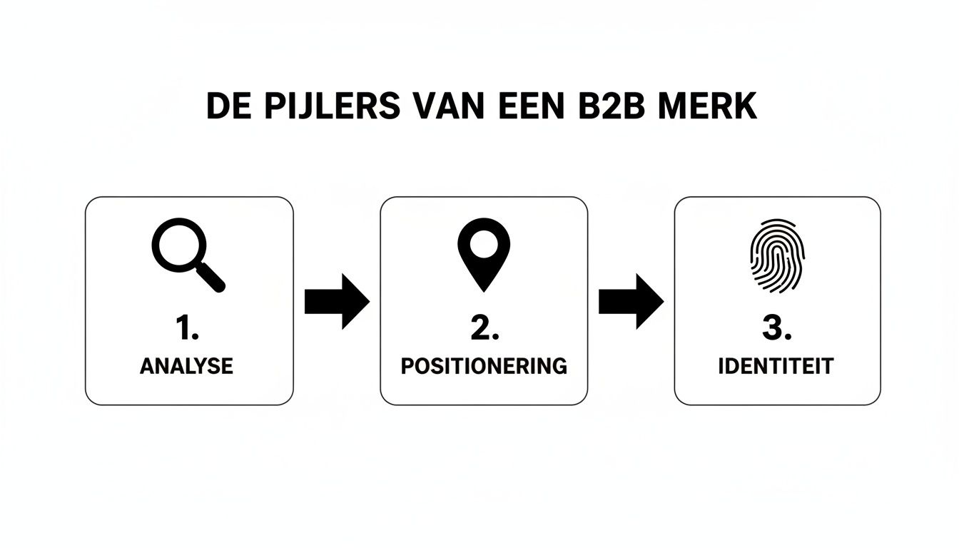 Schema over de drie pijlers van een B2B merk: analyse, positionering en identiteit, met bijbehorende iconen.