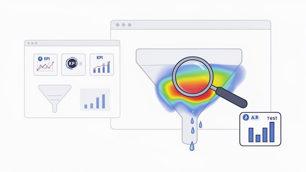Een illustratie van digitale marketing en data-analyse, met KPI's, een verkooptrechter met heatmap en A/B-tests.