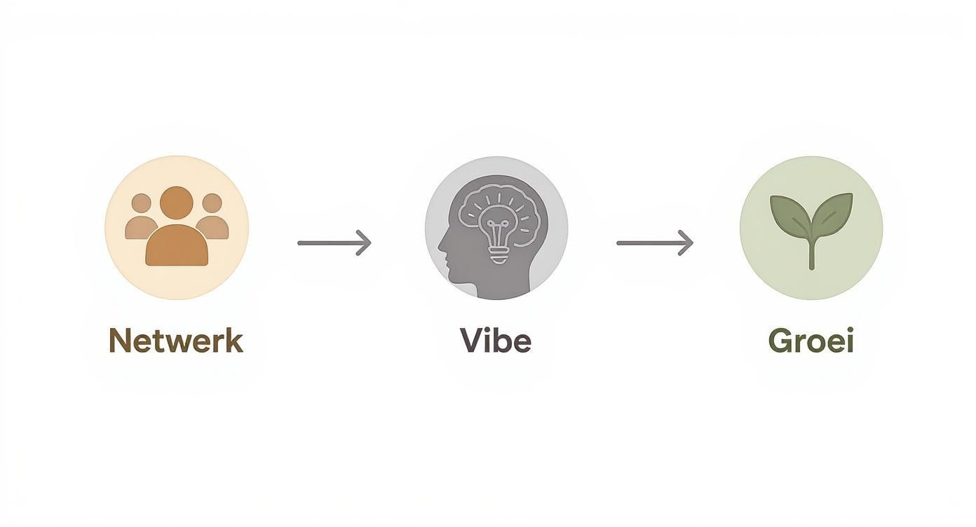 Diagram toont hoe een netwerk (mensen) leidt tot een vibe (ideeën), wat resulteert in groei (plantje).