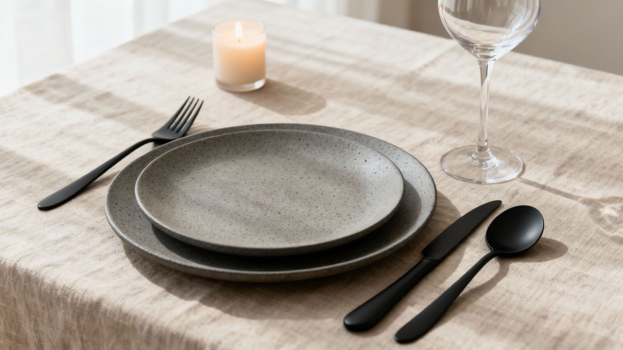 Een elegant gedekte tafel met designer bestek, Serax servies en Spiegelau glaswerk.