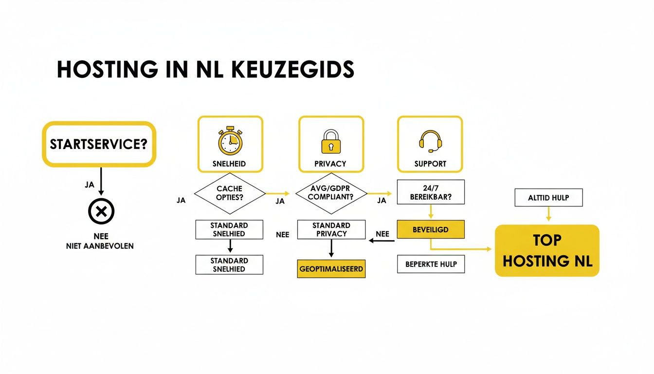 Een beslisboom over hosting in Nederland, gericht op startsnelheid, privacy en ondersteuning.