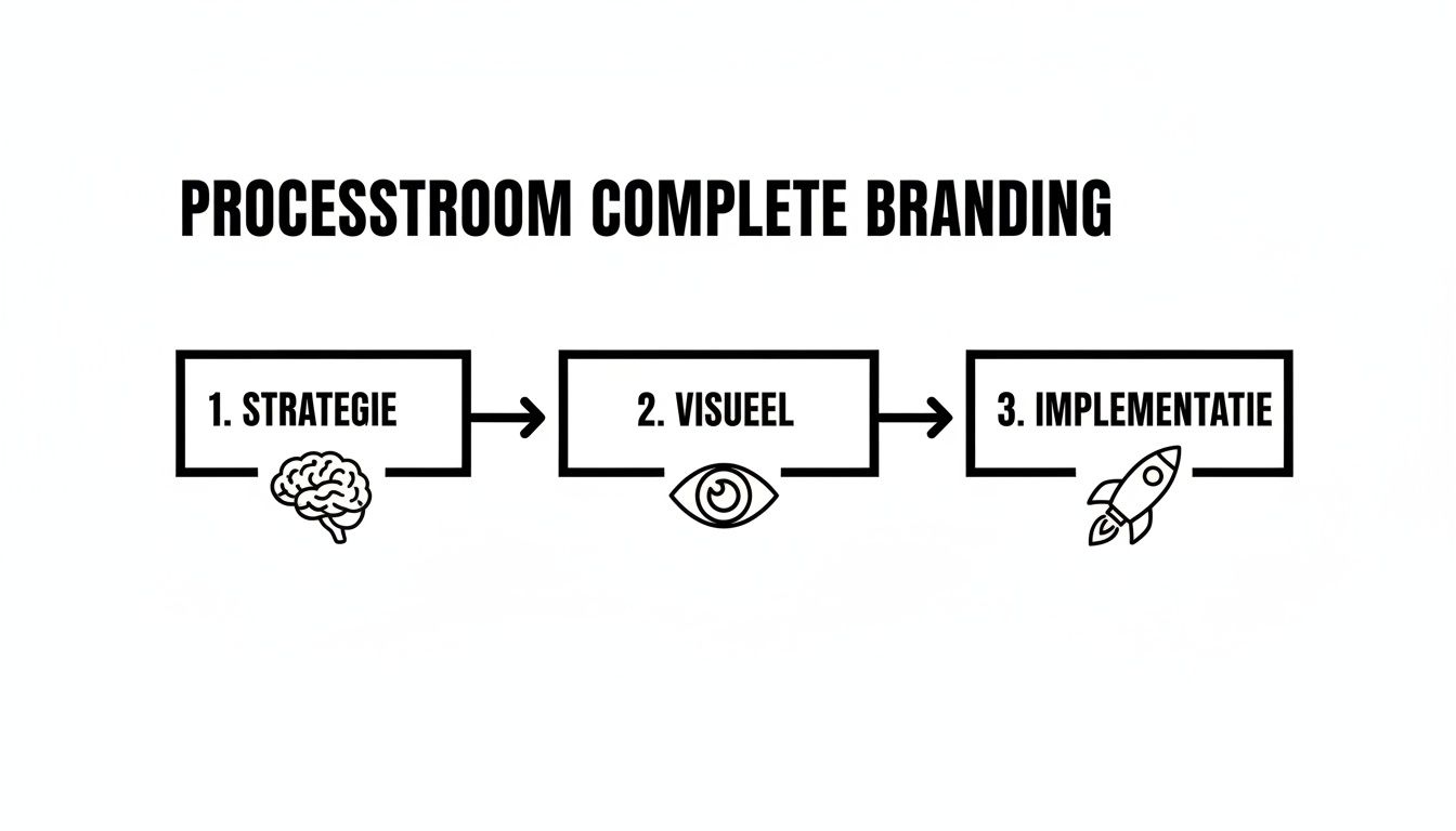 Stroomschema voor complete branding met drie stappen: strategie, visueel en implementatie, elk met een passend icoon.