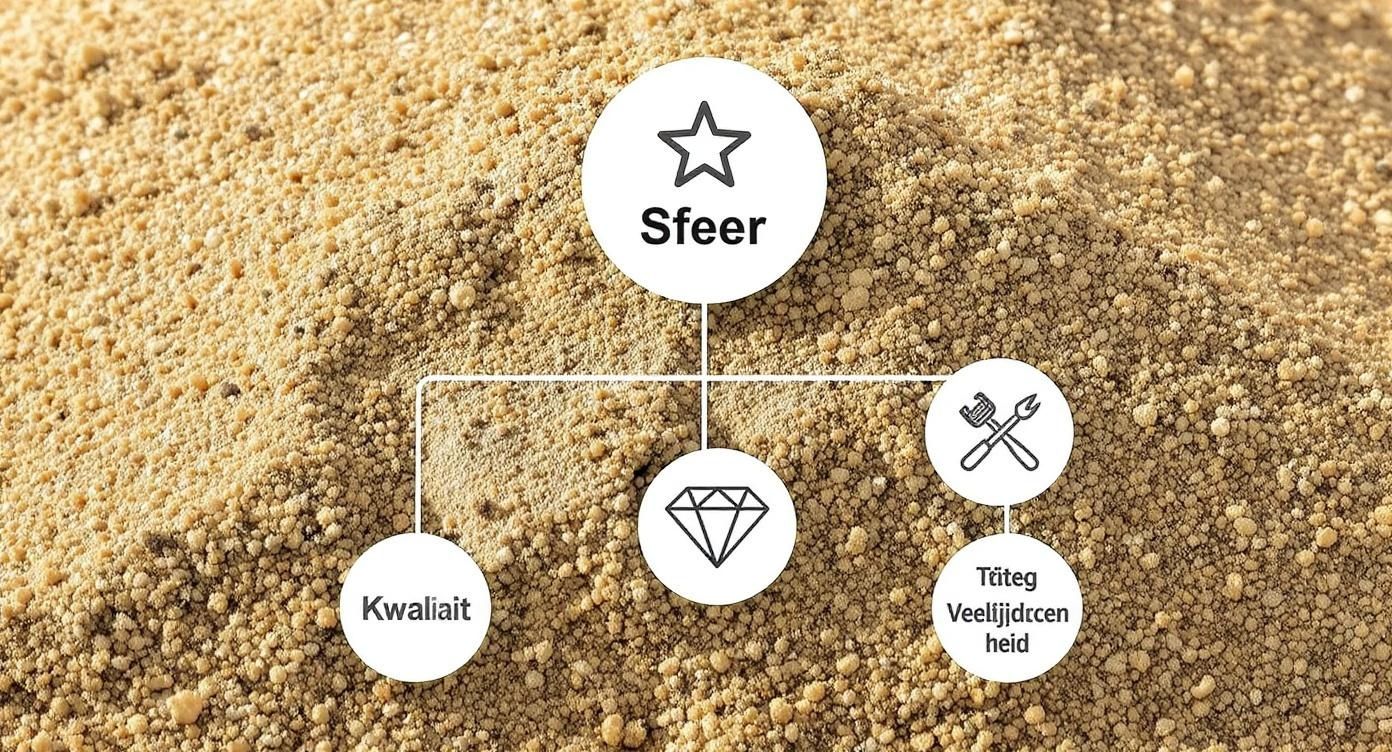 Sfeer diagram met kwaliteit en tijdige veeltijdcenheid symbolen op zandachtergrond voor bruiloft planning
