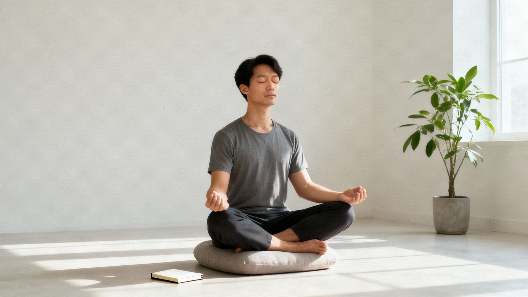 Man mediteert in kleermakerszit op kussen in minimalistische ruimte met plant