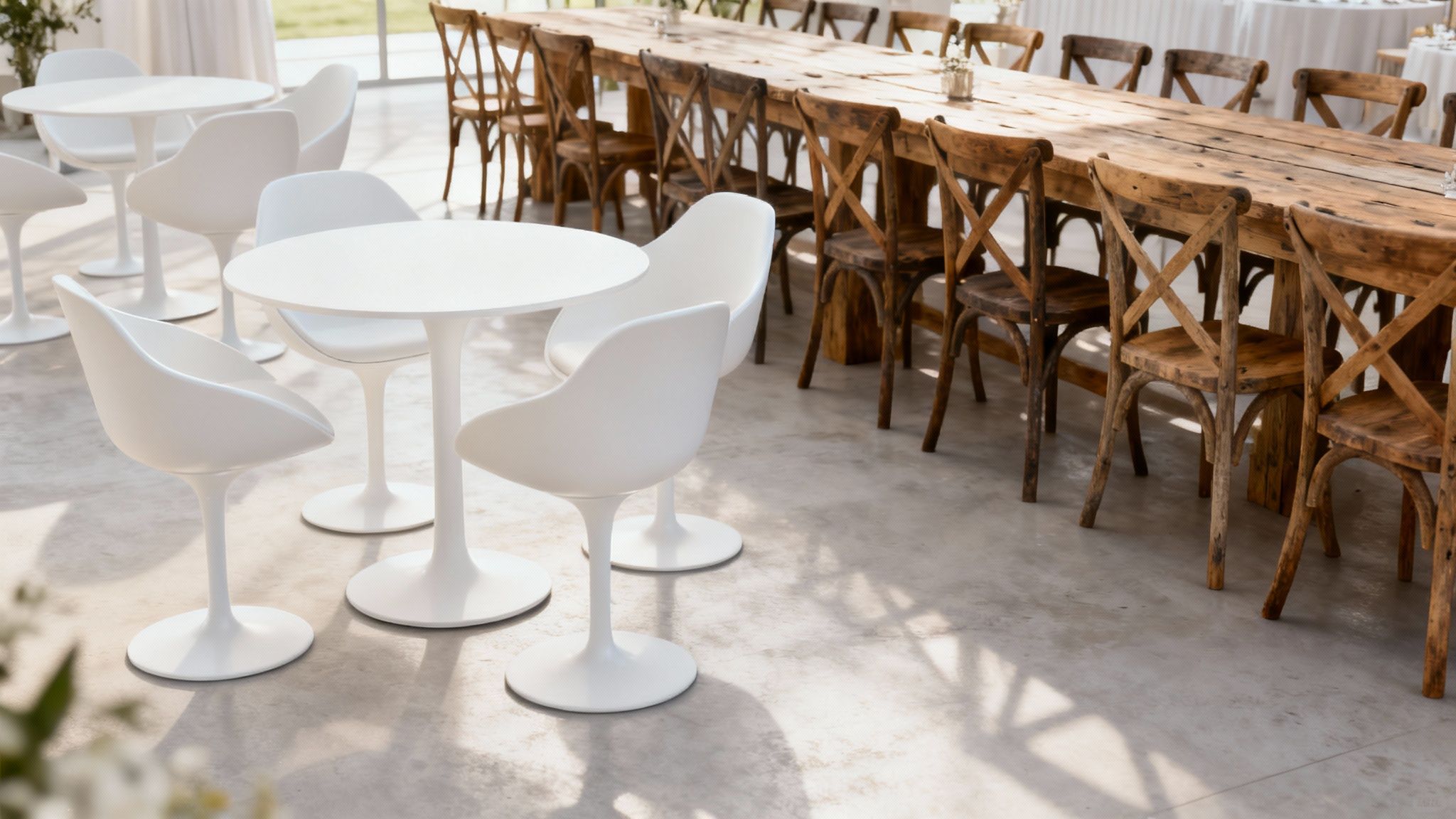 Romantische setting met houten crossback stoelen en lange tafels