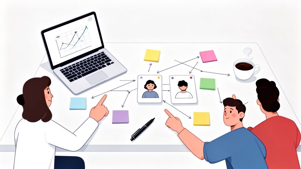 Drie mensen werken samen aan een customer journey of procesanalyse met laptops, profielen en post-its.