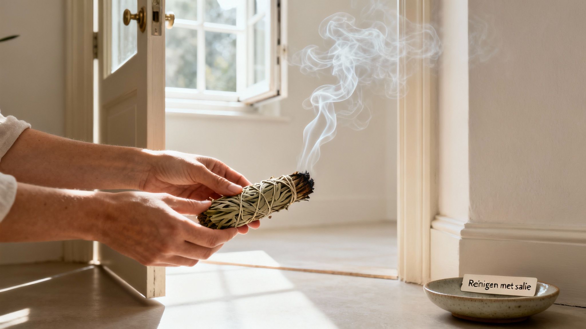 Handen houden brandende salie vast met opstijgende rook in een lichte kamer. Een kommetje met 'Reinigen met salie' staat op de vloer.