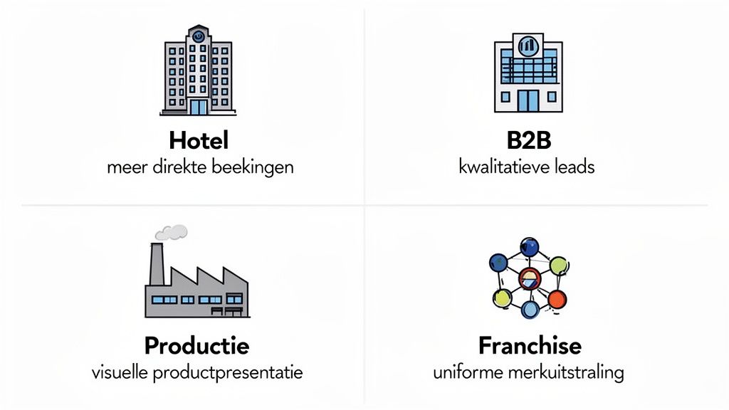 Vier iconen en beschrijvingen van verschillende bedrijfssectoren: Hotel, B2B, Productie en Franchise, met elk hun specifieke voordelen.
