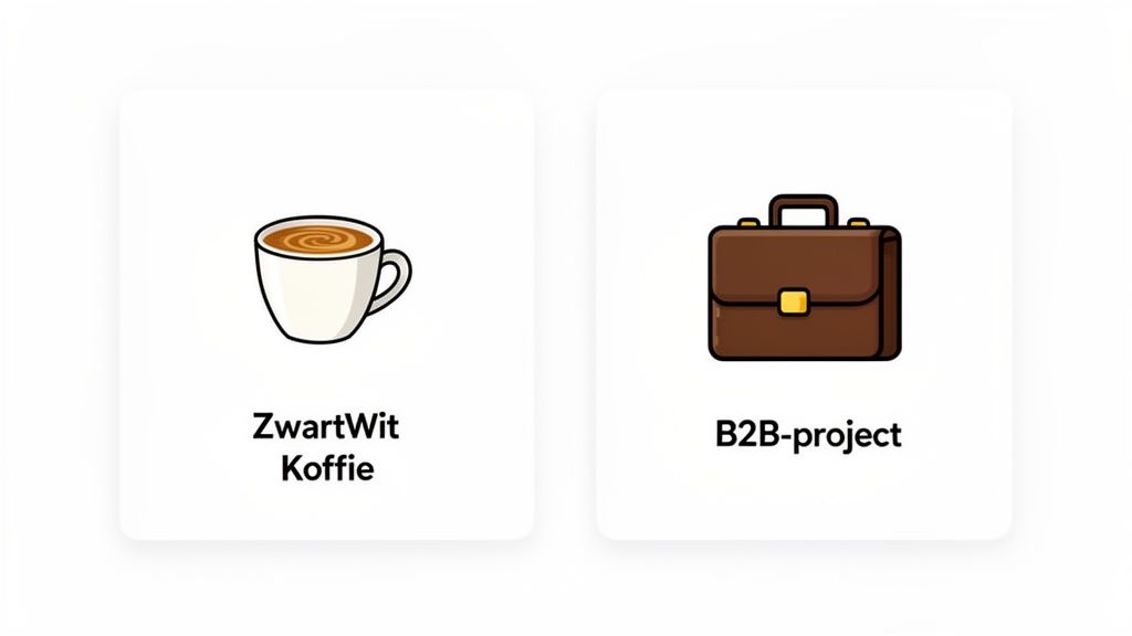 Twee kaarten met iconen: een koffiekopje voor 'ZwartWit Koffie' en een aktetas voor 'B2B-project'.