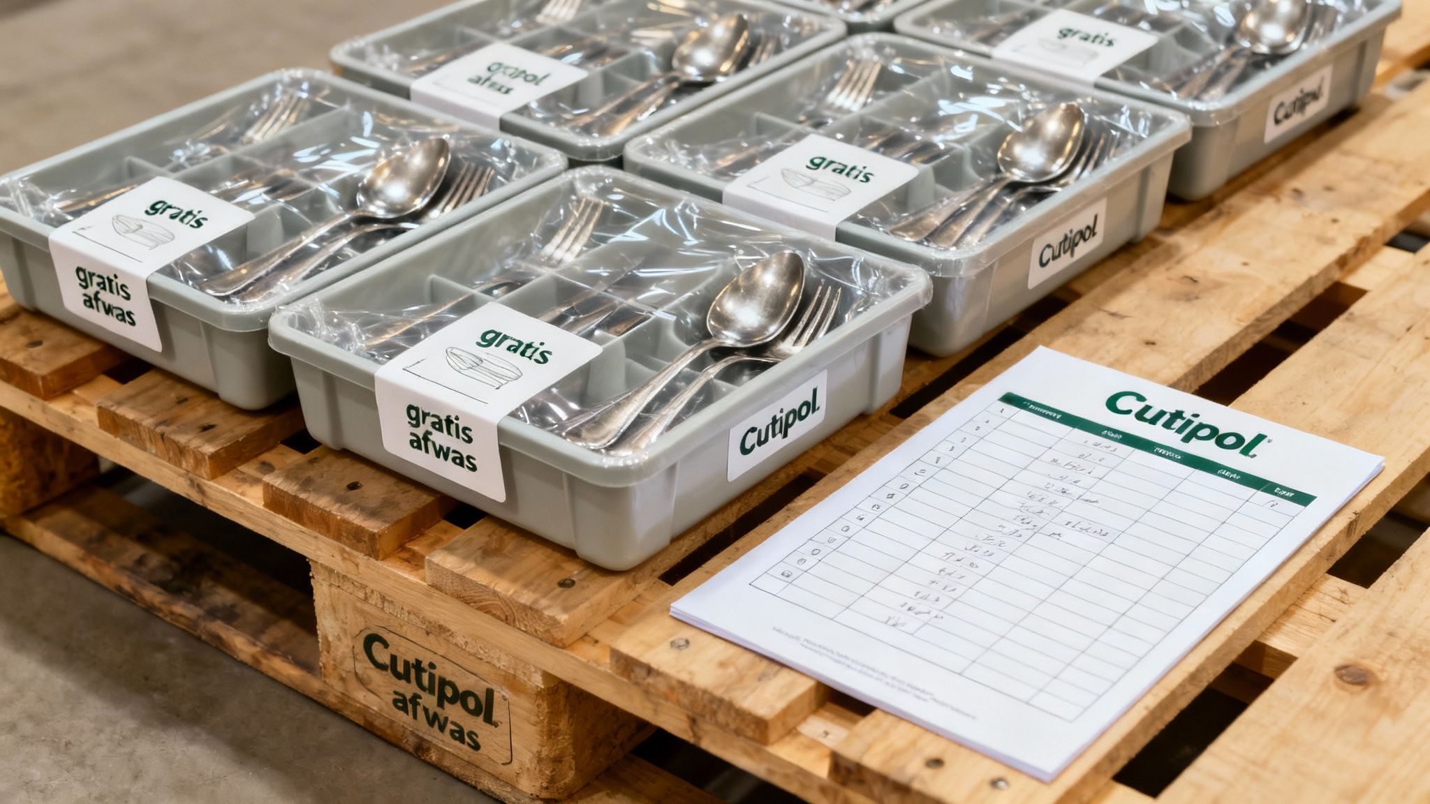 Cutipol bestek huren in plastic bakken op houten pallet met gratis afwas labels en orderformulier