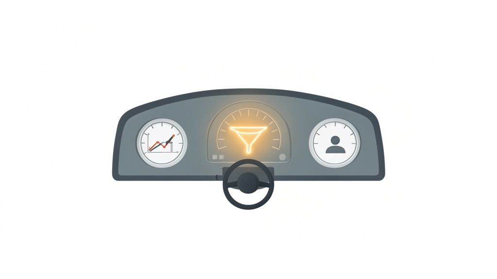 Een digitaal dashboard met meters voor prestaties, een gloeiende marketingtrechter en gebruikers.