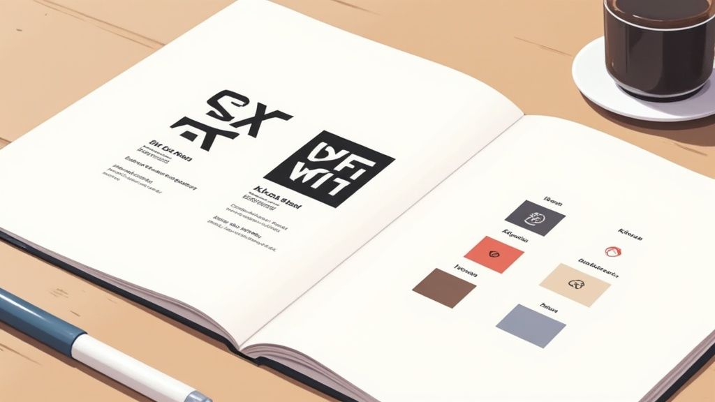 Een open boek op een houten tafel met merklogo's, tekst, kleurstalen en een koffiekopje. Een pen ligt ernaast.