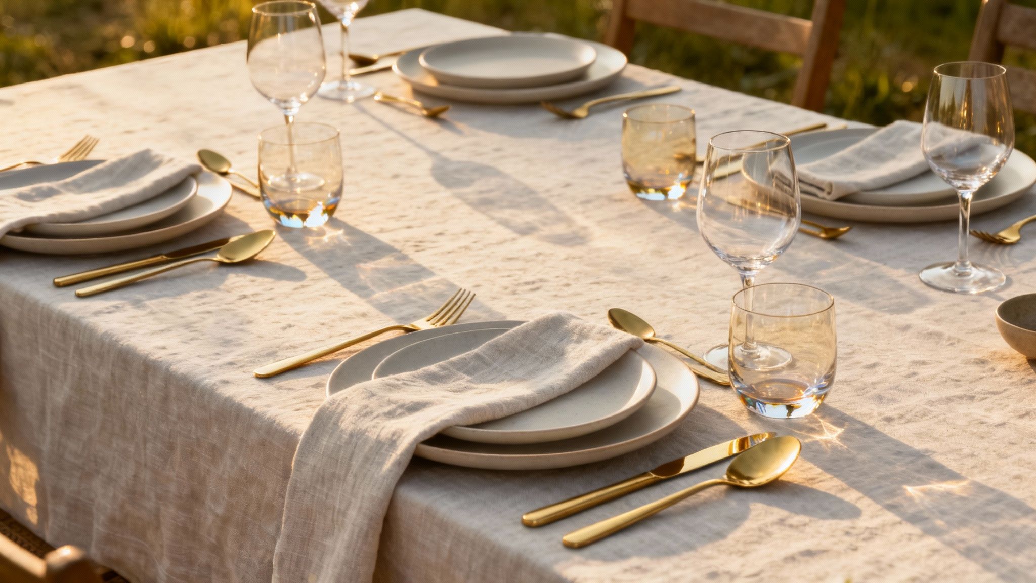 Elegant gedekte tuintafel met gouden bestek, witte borden en linnen servetten in zonnig licht