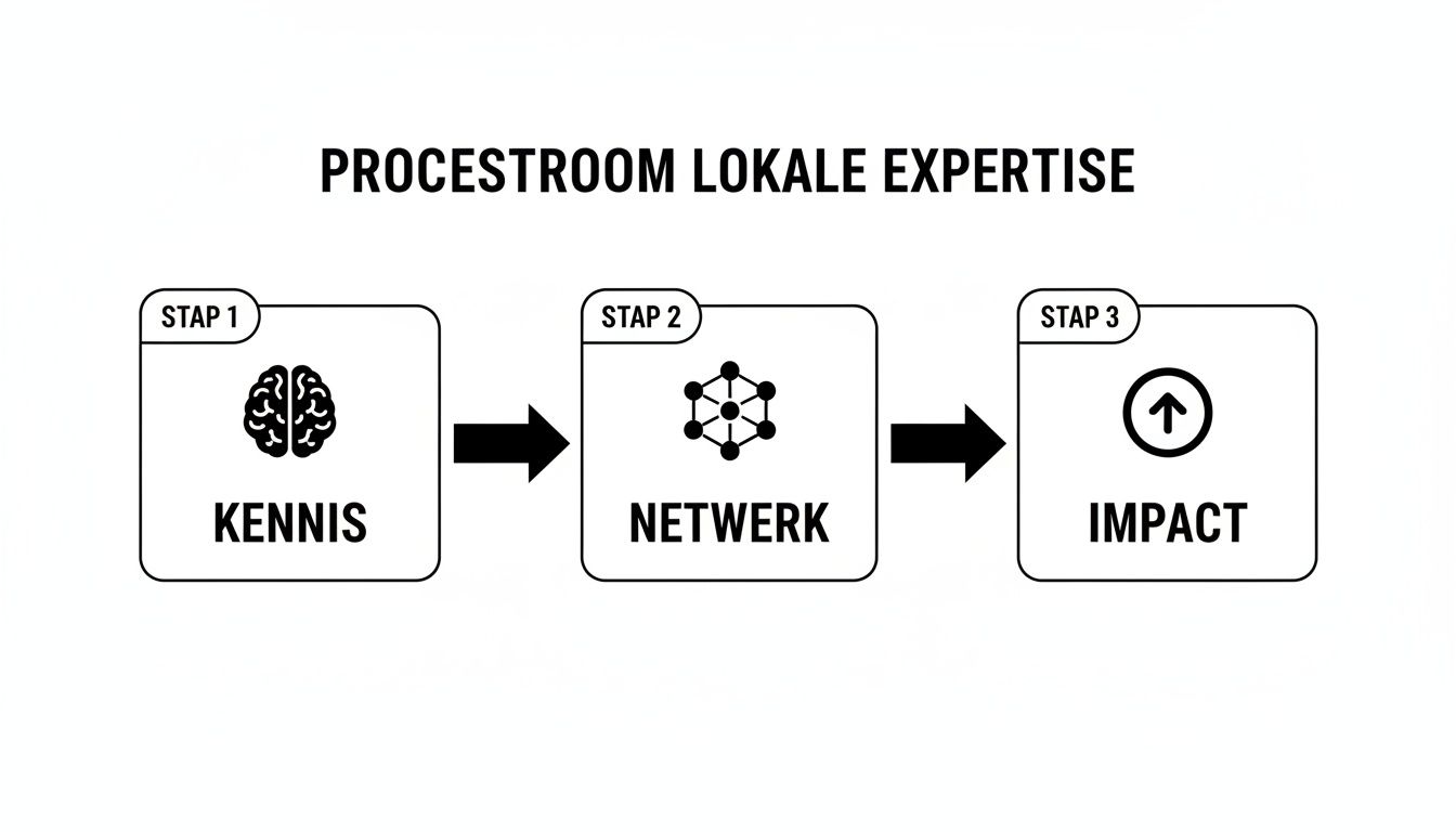 Een stroomdiagram dat de processtroom van lokale expertise in drie stappen weergeeft: Kennis, Netwerk en Impact.