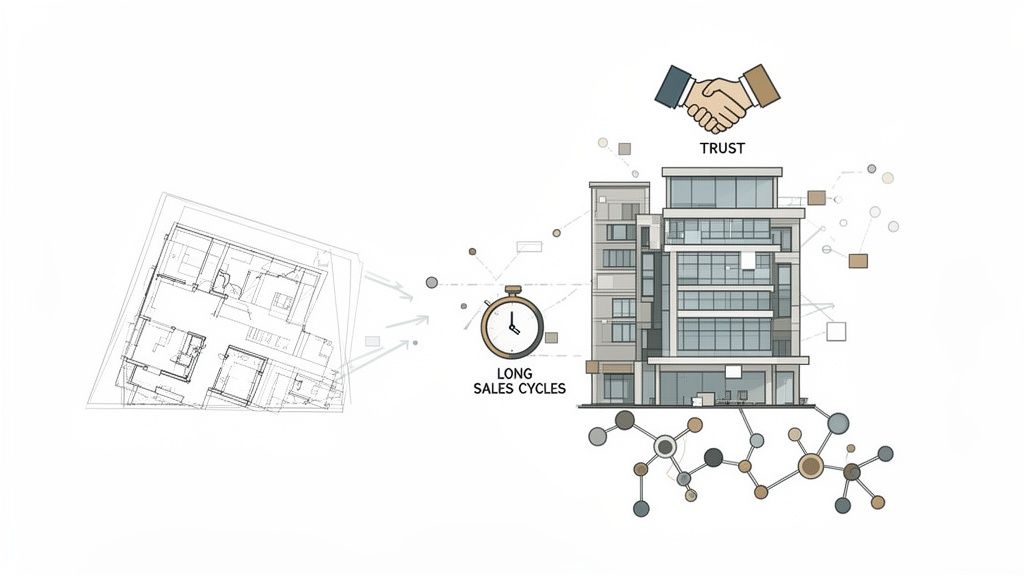 Architecturale plattegronden leiden tot een gebouw, met vermelding van lange verkooptrajecten en het belang van vertrouwen.