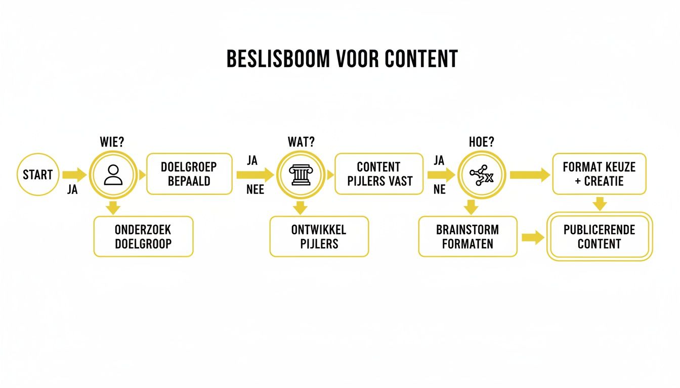 Een stroomdiagram over de beslissingsboom voor content, van start tot publicatie met stappen als doelgroep, content pijlers en formaten.